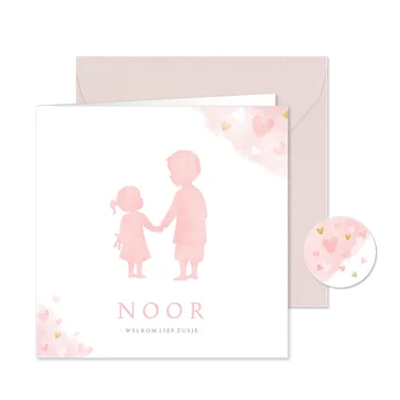 Geboortekaartje zusje en broer - waterverf met roze hartjes